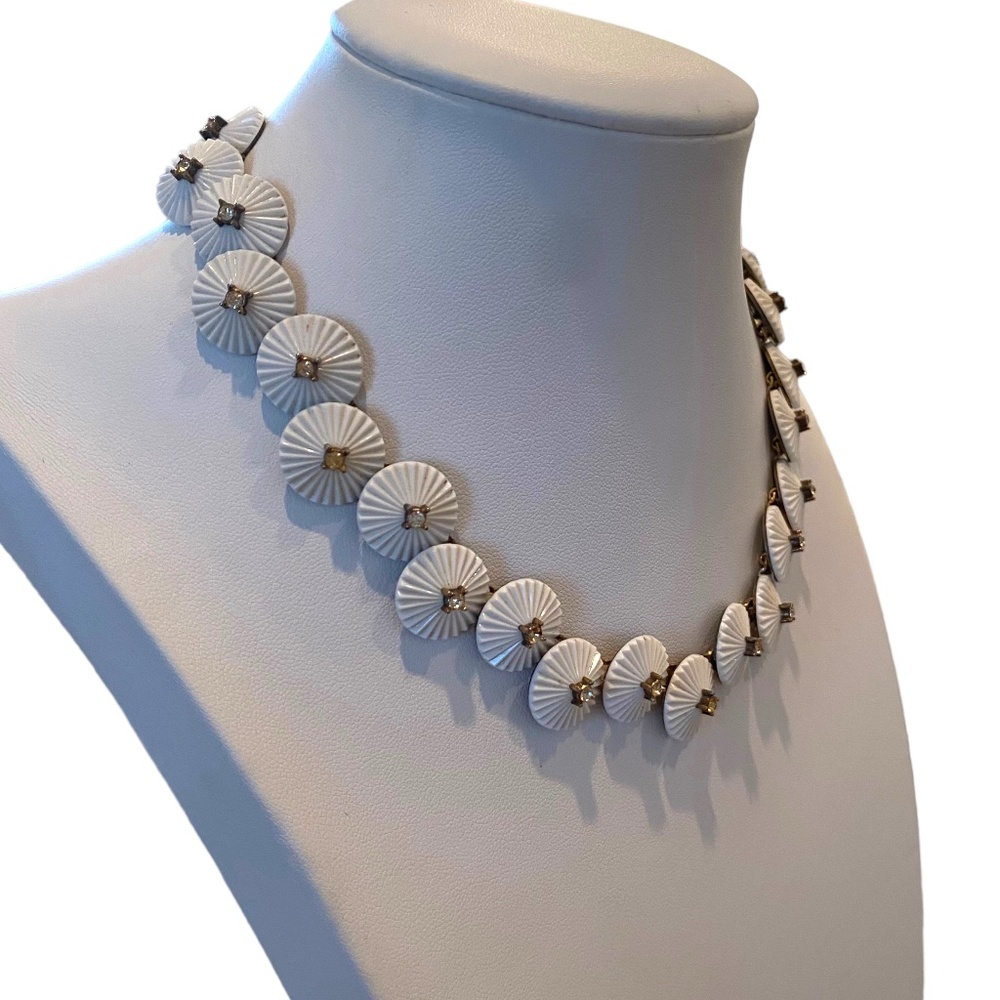 Crown Trifari white disks necklace Milk Glass Rhinestone Necklace Pom Pom Design - Picture 4 of 9